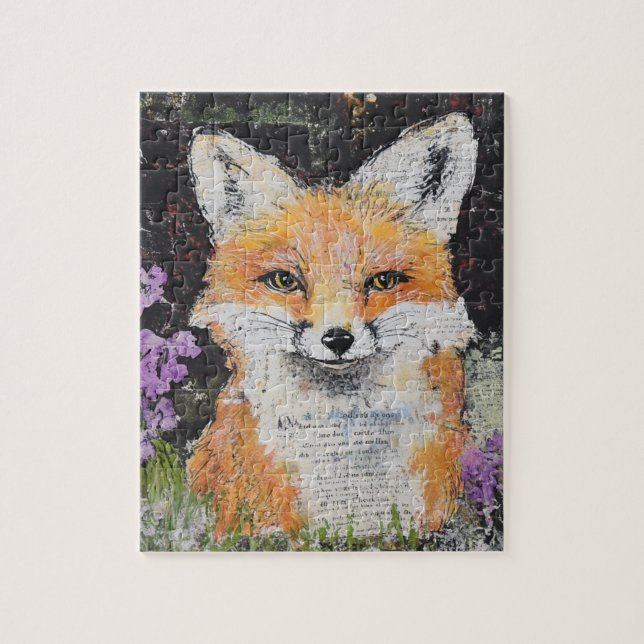 Cute Red Fox Purple Flowers Mixed Media Jigsaw Puzzle (Vertical)