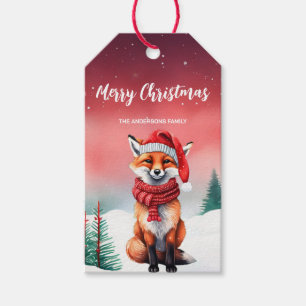 Cute Red fox Santa Christmas party Snow kid Gift Tags