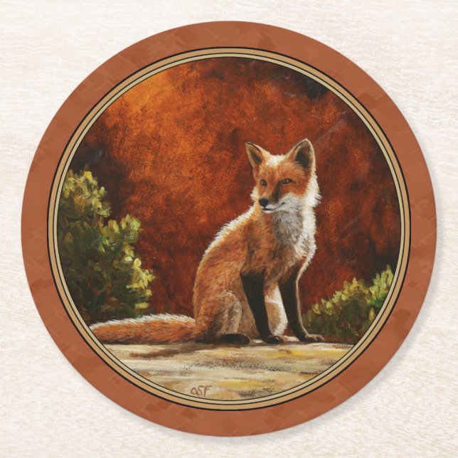 Cute Red Fox Sitting In The Sun Round Paper Coaster (Front)