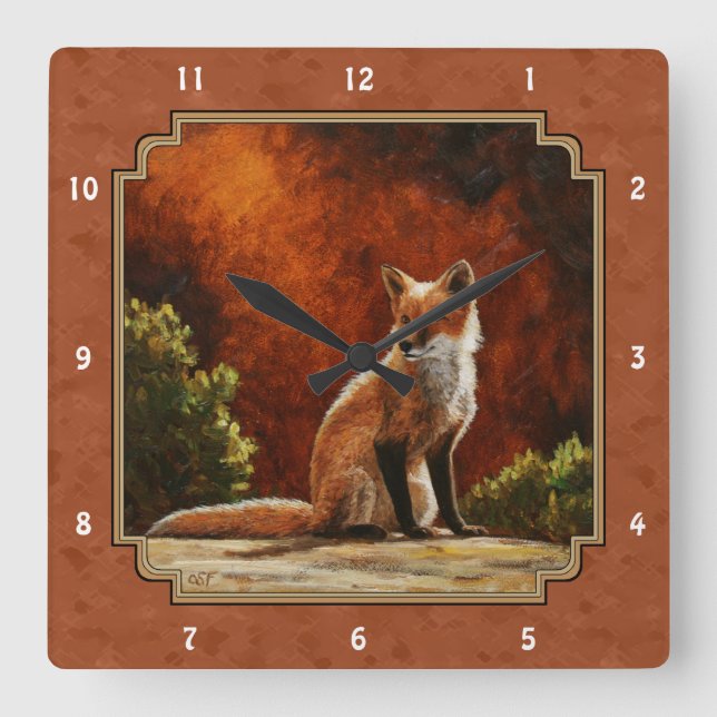 Cute Red Fox Sitting In The Sun Square Wall Clock (Front)