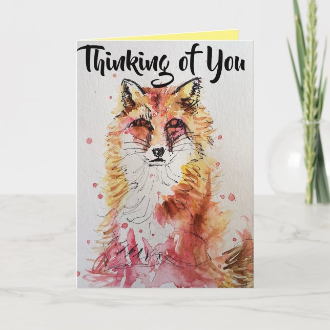 Cute Red Fox Thinking of You Watercolour Card (Front)