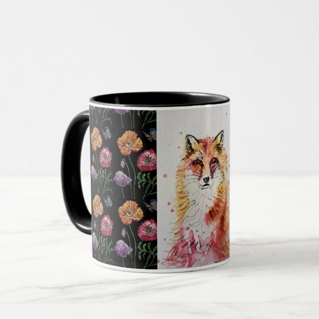 Cute Red Fox Watercolor Painting Mug Black (Front Left)