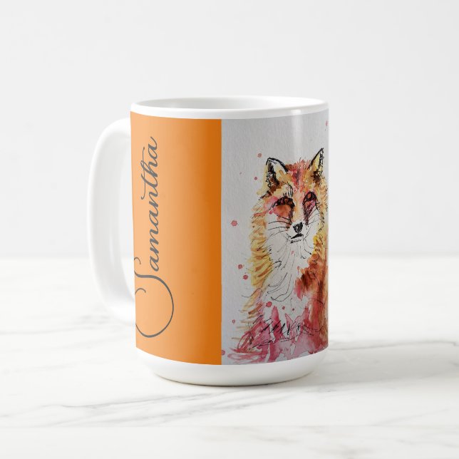 Cute Red Fox Watercolor Painting Mug Orange (Front Left)