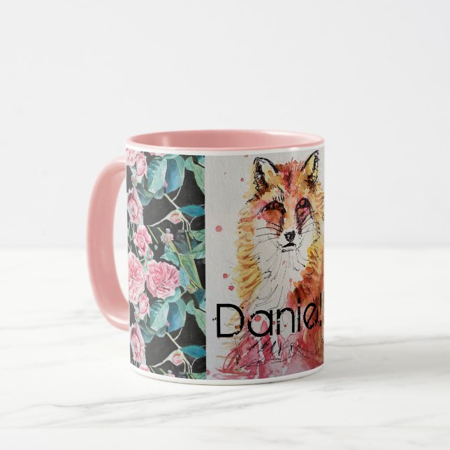 Cute Red Fox Watercolor Pink Rose Girls Ladies Mug (Front Left)