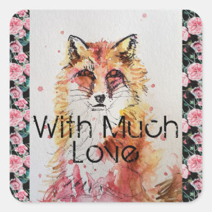 Cute Red Fox Watercolor Pink Rose Girls Ladies Square Sticker