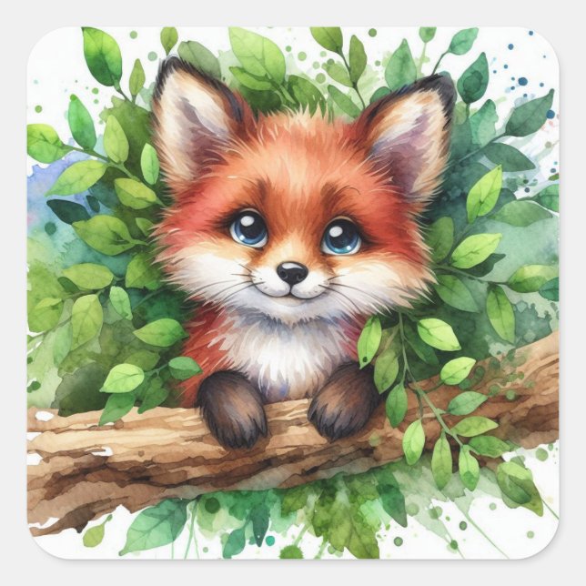 Cute Red Fox Watercolor Square Sticker (Front)