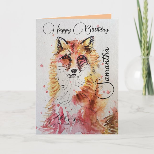 Cute Red Fox Watercolour Birthday Card (Front)