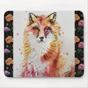 Cute Red Fox Watercolour Painting Mouse Mat floral