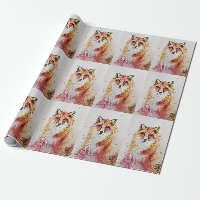 Cute Red Fox Watercolour Woodland Animal Art Wrapping Paper (Unrolled)