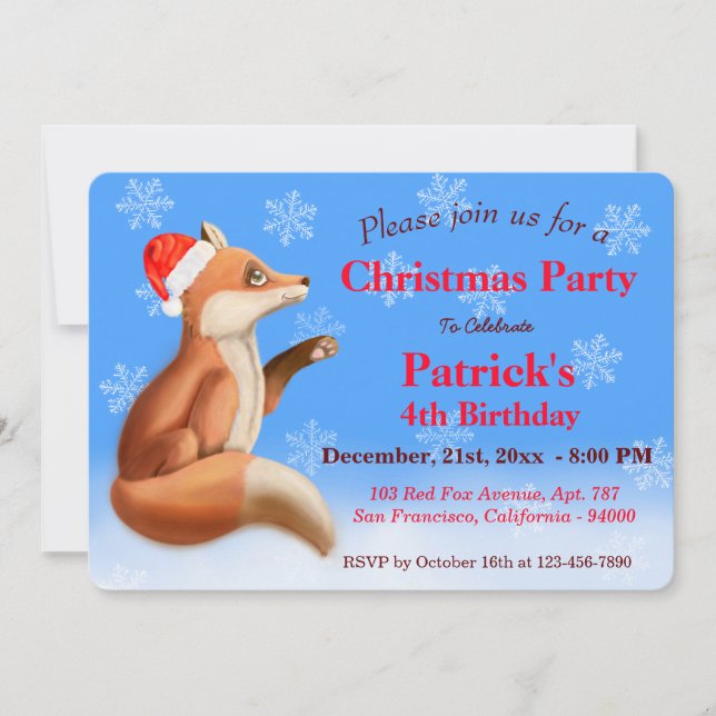 Cute Red Fox  Winter Christmas Birthday Party Holiday Card (Front)