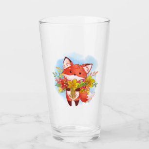 Cute Red Fox with Fall Leaves Glass