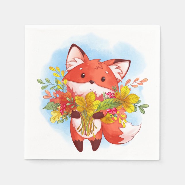 Cute Red Fox with Fall Leaves Napkin (Front)