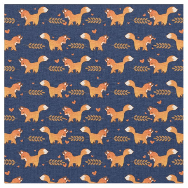 Cute Red Fox with Hearts and Laurel Branches Fabric (Close Up)