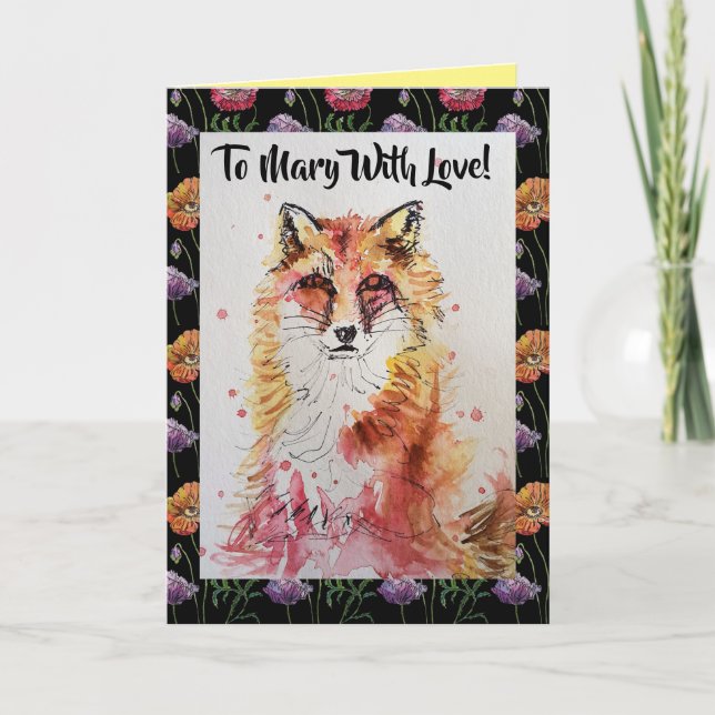 Cute Red Fox Womans Name Love Watercolour Card (Front)