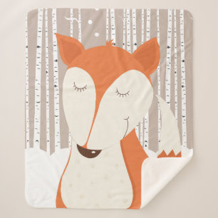 Cute Red Fox Woodland Birch Trees  Sherpa Blanket