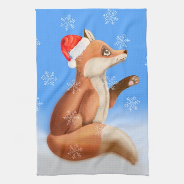 Cute Red Fox Woodland christmas Snow Tea Towel (Vertical)