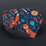 Cute Red Foxes And Flowers Pattern Tie<br><div class="desc">Cute red foxes and flowers seamless pattern on dark blue background.</div>