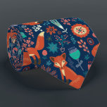 Cute Red Foxes And Flowers Pattern Tie<br><div class="desc">Cute red foxes and flowers seamless pattern on dark blue background.</div>