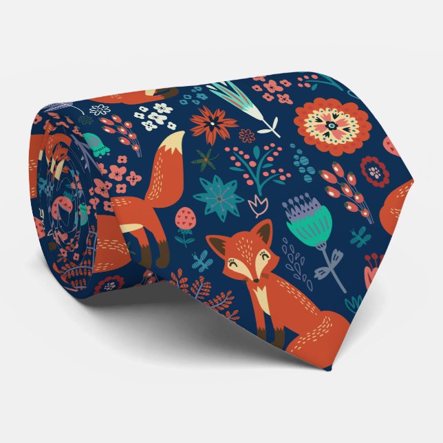 Cute Red Foxes And Flowers Pattern Tie (Rolled)