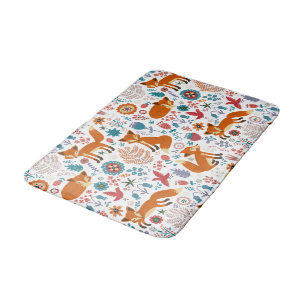Cute Red Foxes & Colourful Flowers Bath Mat