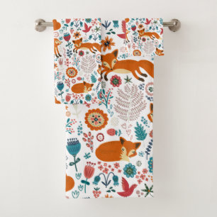 Cute Red Foxes & Colourful Flowers Bath Towel Set