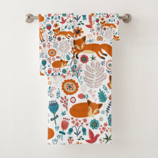 Cute Red Foxes & Colourful Flowers Bath Towel Set