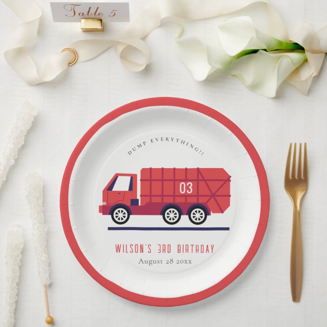 Cute Red Garbage Truck Kids Any Age Birthday Paper Plate (Wedding)