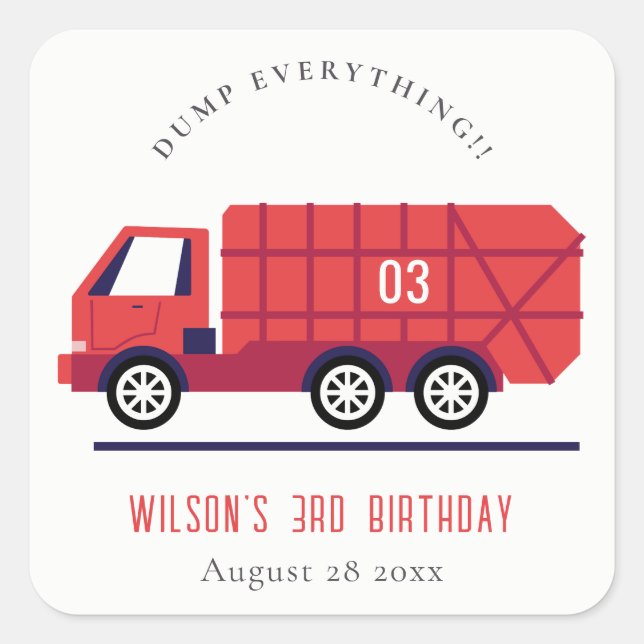 Cute Red Garbage Truck Kids Any Age Birthday Square Sticker (Front)