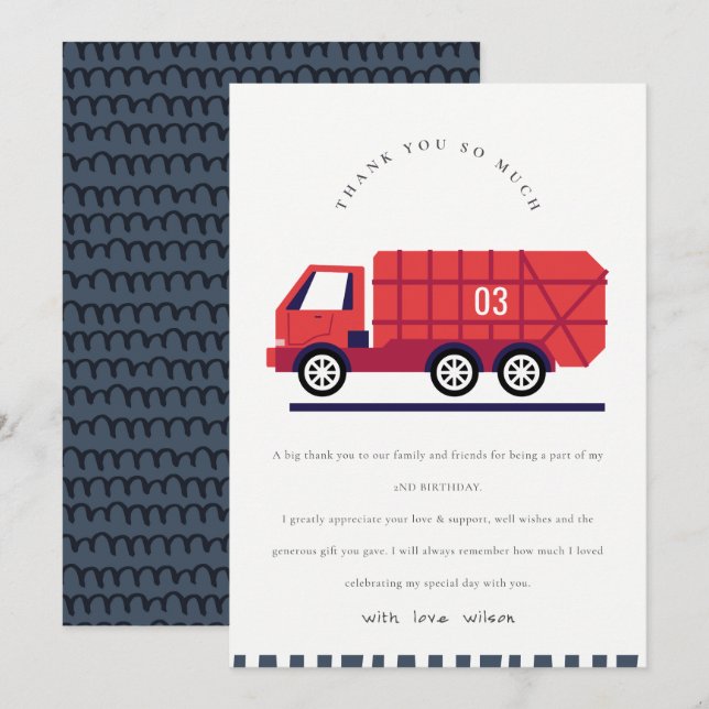 Cute Red Garbage Truck Kids Any Age Birthday Thank You Card (Front/Back)