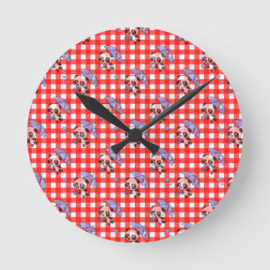 Cute Red Gingham Check Design Round Clock