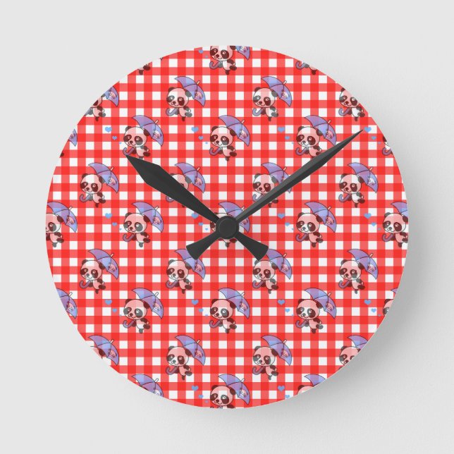 Cute Red Gingham Check Design Round Clock (Front)