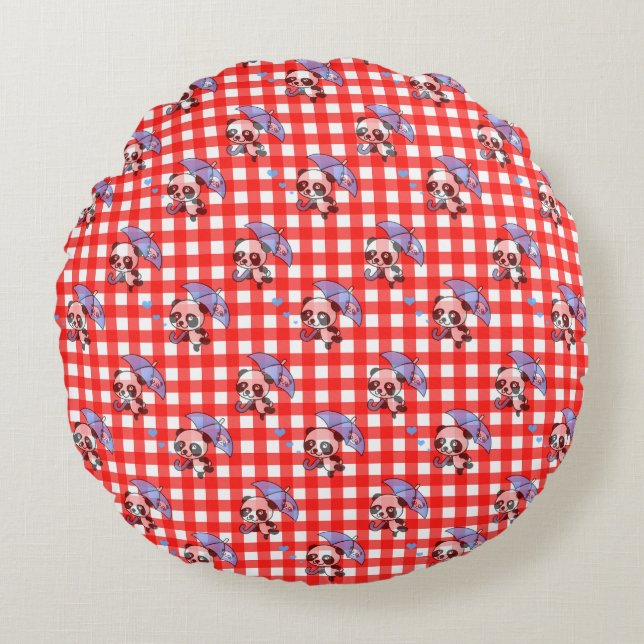 Cute Red Gingham Check Round Cushion (Front)