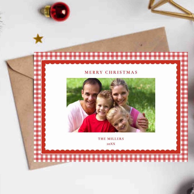 Cute red  gingham Christmas Photo greetings card (Creator Uploaded)