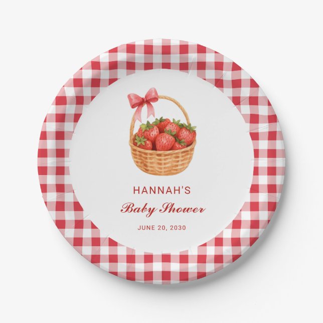 Cute Red Gingham Strawberry Girl Baby Shower Paper Plate (Front)