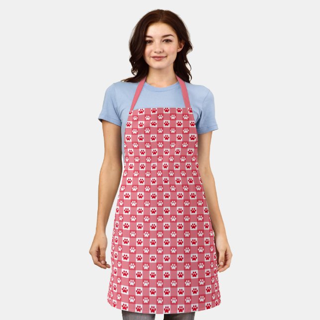 Cute Red Gingham with Paw Prints Pattern Apron (Worn)