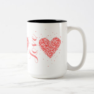 Cute Red Glitter Hearts & Love Text Two-Tone Coffee Mug