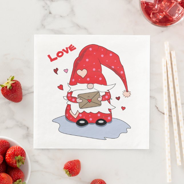 Cute Red Gnome with Hearts Paper Napkins (Insitu)