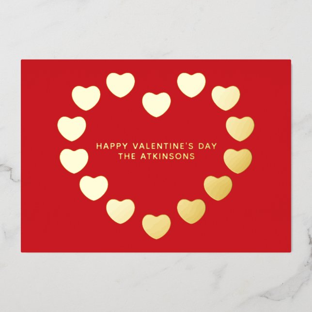 Cute red gold hearts custom Valentine's Day Foil Holiday Card (Front)