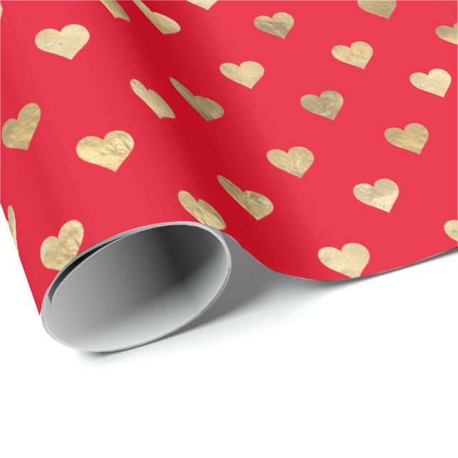 Cute Red Gold Hearts Pattern Wrapping Paper (Roll Corner)