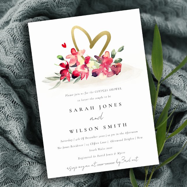 Cute Red Gold Orchid Heart Floral Couples Shower Invitation (Creator Uploaded)