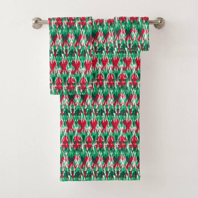 Cute red green abstract aztec pattern bath towel set (Insitu)