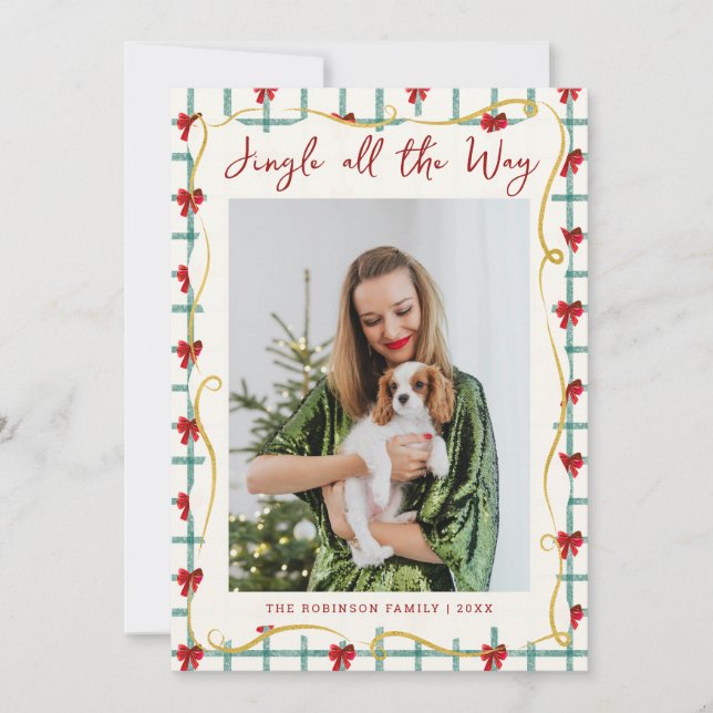 Cute Red Green Bow Pattern Christmas 1 Photo Holiday Card (Front)