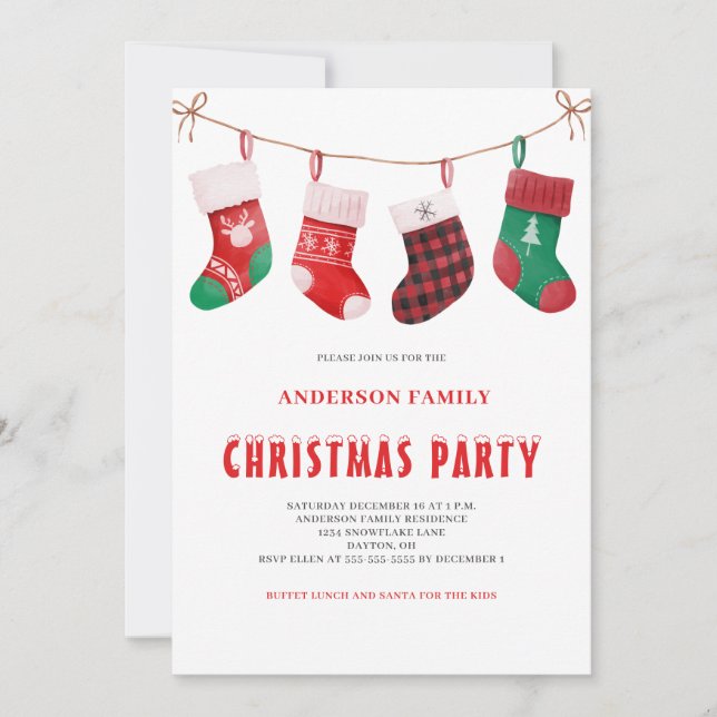Cute Red Green Christmas Stocking Watercolor  Invitation (Front)
