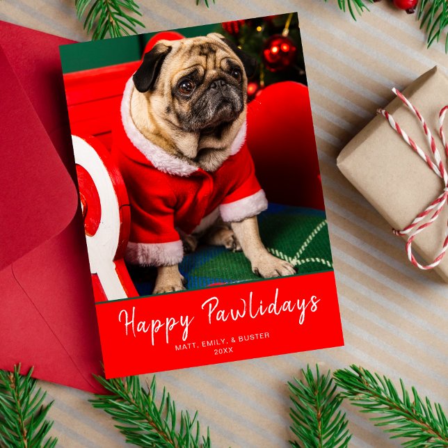 Cute Red & Green Dog Puppy Photo Happy Pawlidays Holiday Card (Creator Uploaded)