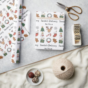 Cute Red Green Festive Kids Christmas Pattern Wrapping Paper