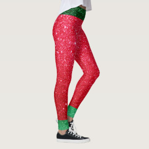 Cute Red Green Glitter Santas Outfit Christmas Elf Leggings