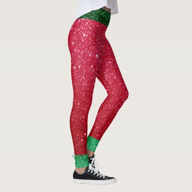 Cute Red Green Glitter Santas Outfit Christmas Elf Leggings (Right)