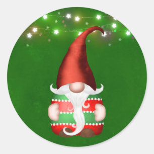 Cute Red Green Gnome Holiday Lights Christmas Classic Round Sticker