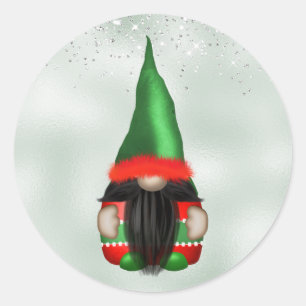 Cute Red Green Gnome Silver Sparkle Christmas Classic Round Sticker