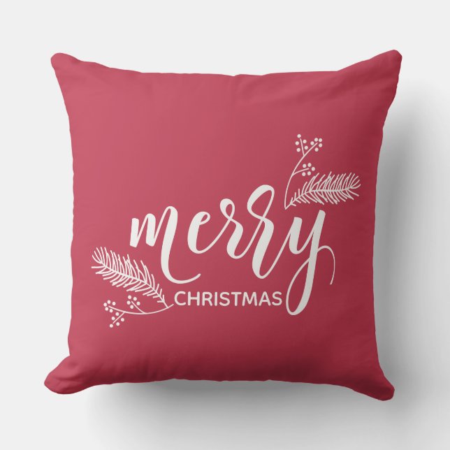 Cute Red & Green Merry Christmas Pine & Holly Cushion (Front)
